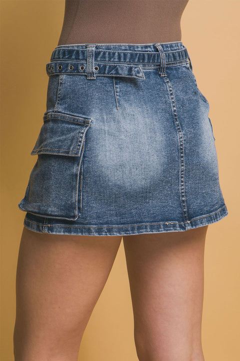 Belted Denim Cargo Mini Skirt