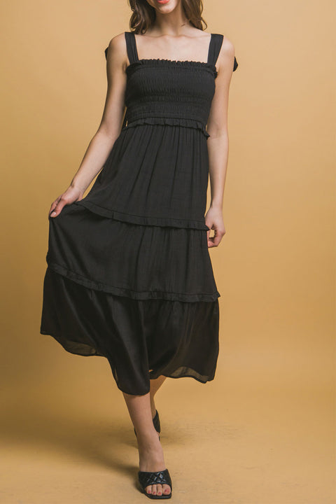 Bohemian Pleated Smock Midi Dress