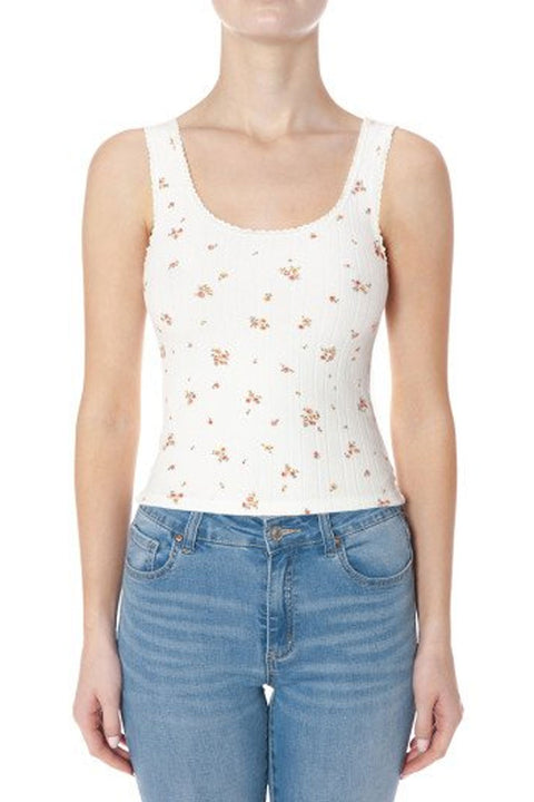Clean Girl Pointelle Ditsy Floral Print Tank Top With Edge Lace