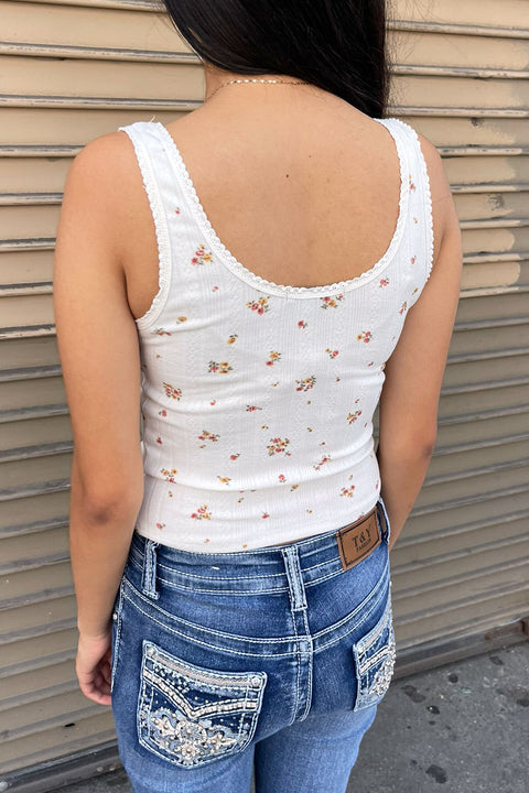 Clean Girl Pointelle Ditsy Floral Print Tank Top With Edge Lace