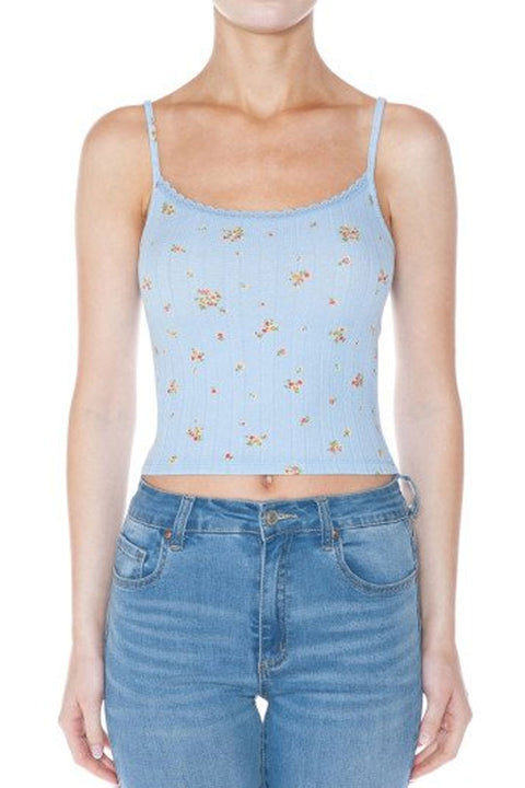 Pointelle Ditsy Floral Print Cami Top With Edge Lace