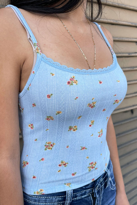 Pointelle Ditsy Floral Print Cami Top With Edge Lace