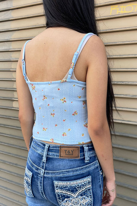 Pointelle Ditsy Floral Print Cami Top With Edge Lace