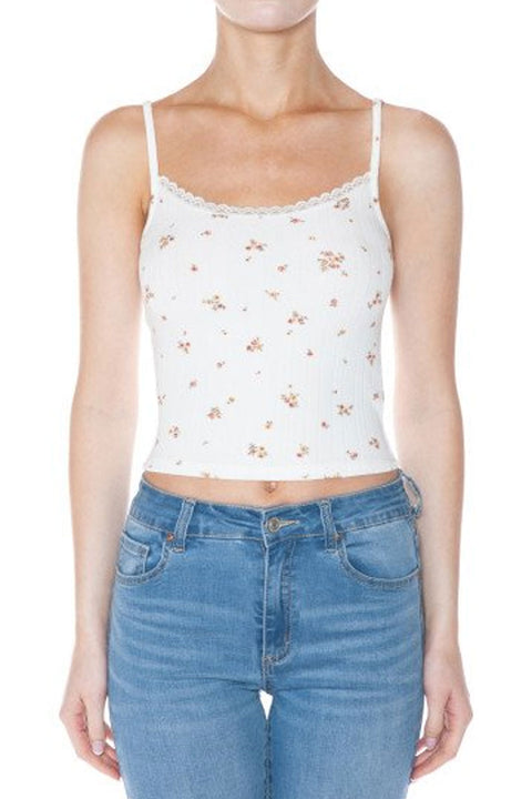 Pointelle Ditsy Floral Print Cami Top With Edge Lace