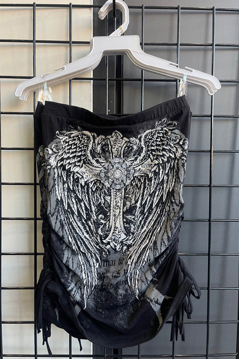 Y2K McBling Cross & Angel Wing RhineStone Print Side Shirred Tube Top