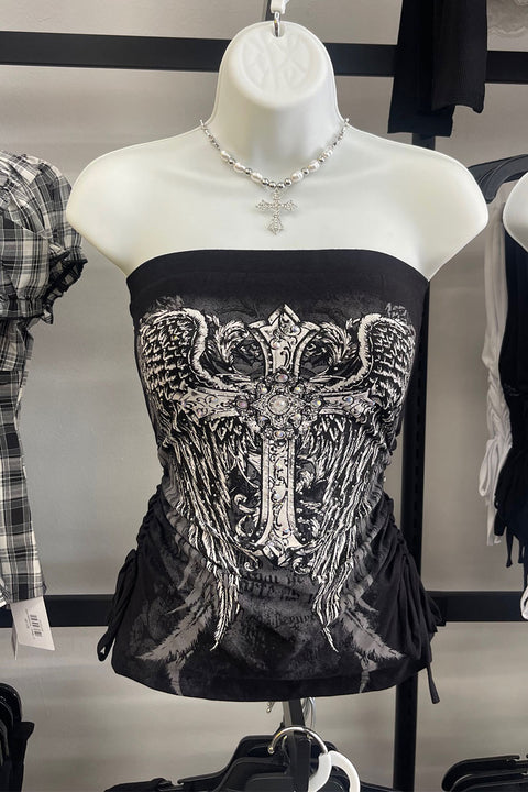 Y2K McBling Cross & Angel Wing RhineStone Print Side Shirred Tube Top