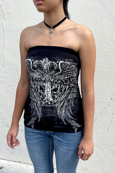 Y2K McBling Cross & Angel Wing RhineStone Print Side Shirred Tube Top