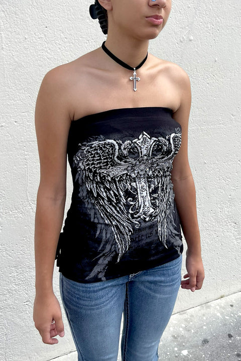 Y2K McBling Cross & Angel Wing RhineStone Print Side Shirred Tube Top