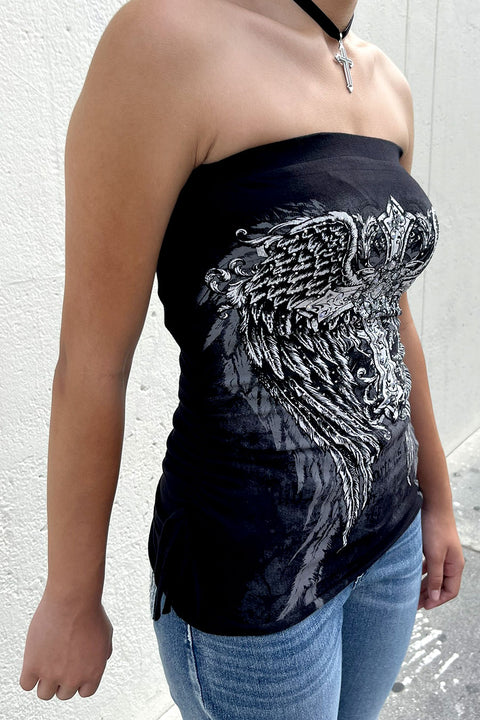 Y2K McBling Cross & Angel Wing RhineStone Print Side Shirred Tube Top