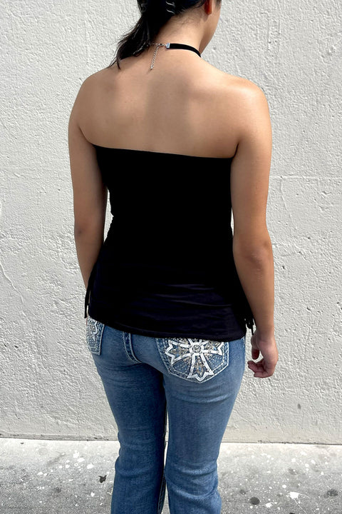 Y2K McBling Cross & Angel Wing RhineStone Print Side Shirred Tube Top