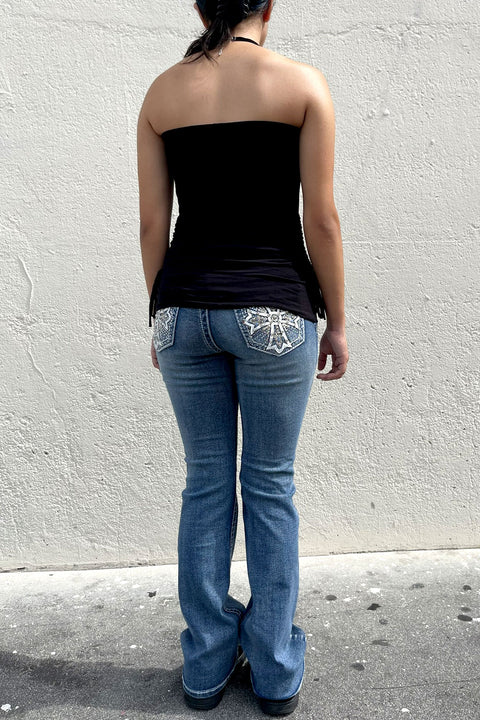 Y2K McBling Cross & Angel Wing RhineStone Print Side Shirred Tube Top
