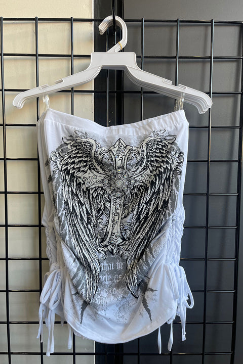 Y2K McBling Cross & Angel Wing RhineStone Print Side Shirred Tube Top