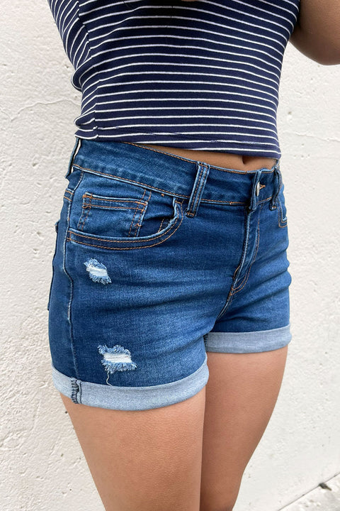 WAXJEAN Distressed Low Rise Denim Shorts with Roll Cuff in Great Stretch