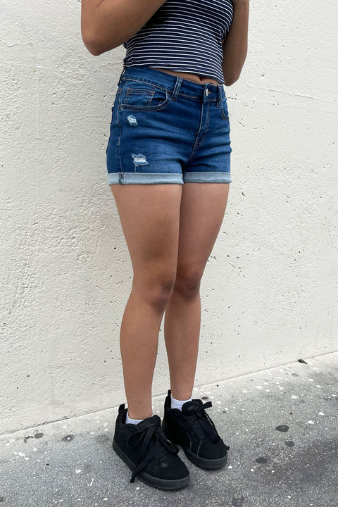 WAXJEAN Distressed Low Rise Denim Shorts with Roll Cuff in Great Stretch
