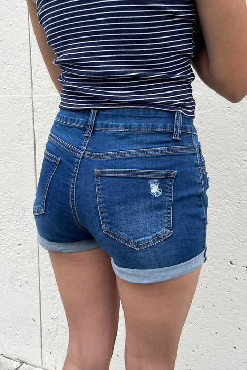 WAXJEAN Distressed Low Rise Denim Shorts with Roll Cuff in Great Stretch