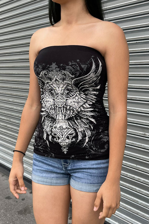 Y2K McBling Cross & Angel Wing RhineStone Print Side Shirred Tube Top Black