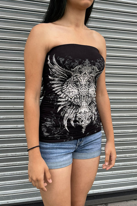 Y2K McBling Cross & Angel Wing RhineStone Print Side Shirred Tube Top Black