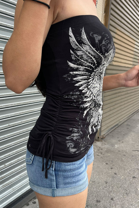 Y2K McBling Cross & Angel Wing RhineStone Print Side Shirred Tube Top Black