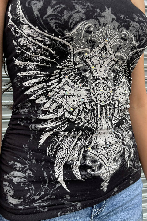 Y2K McBling Cross & Angel Wing RhineStone Print Side Shirred Tube Top Black