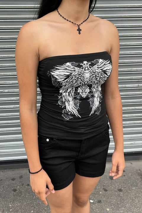Y2K 2000s Gothic Angel Wing Print Tube Top