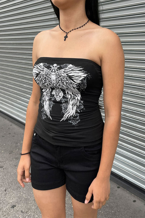 Y2K 2000s Gothic Angel Wing Print Tube Top