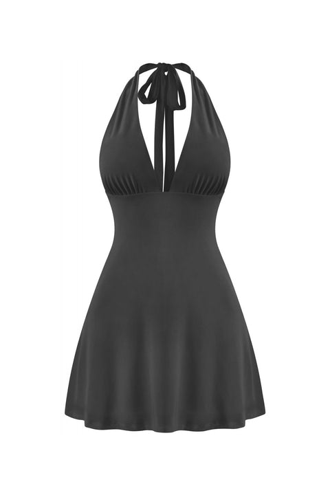 Tresser™ Sleeveless Halter Plunge A-Line Double-Layered Mini Dress