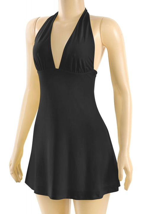 Tresser™ Sleeveless Halter Plunge A-Line Double-Layered Mini Dress