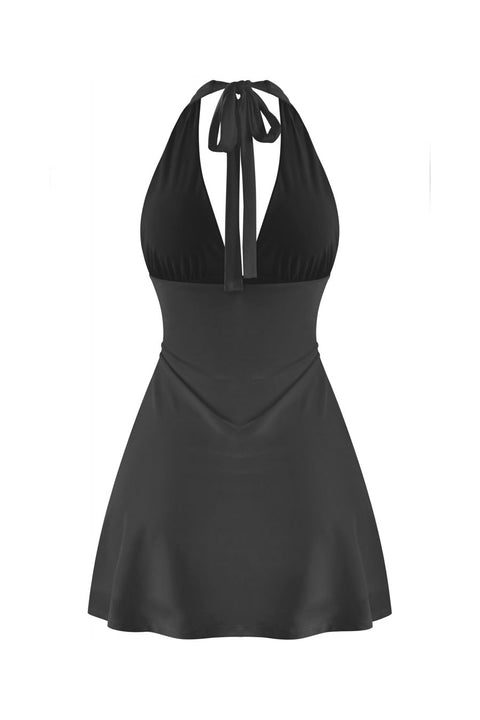 Tresser™ Sleeveless Halter Plunge A-Line Double-Layered Mini Dress