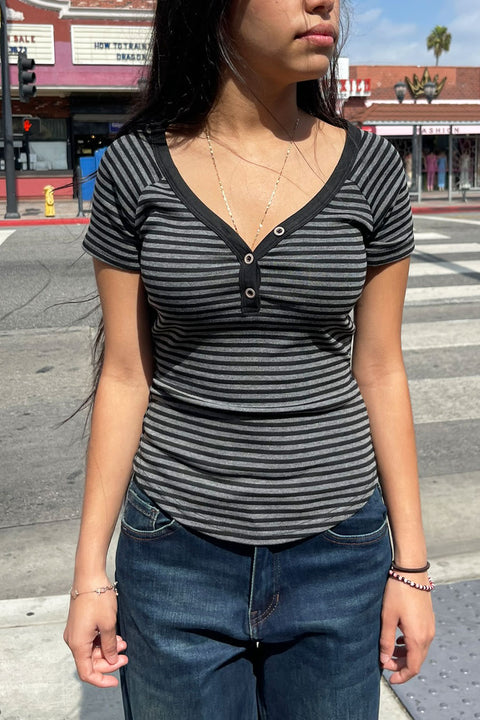 Y2K V-Neck Button-Front Raglan Striped Short Sleeve Shirt