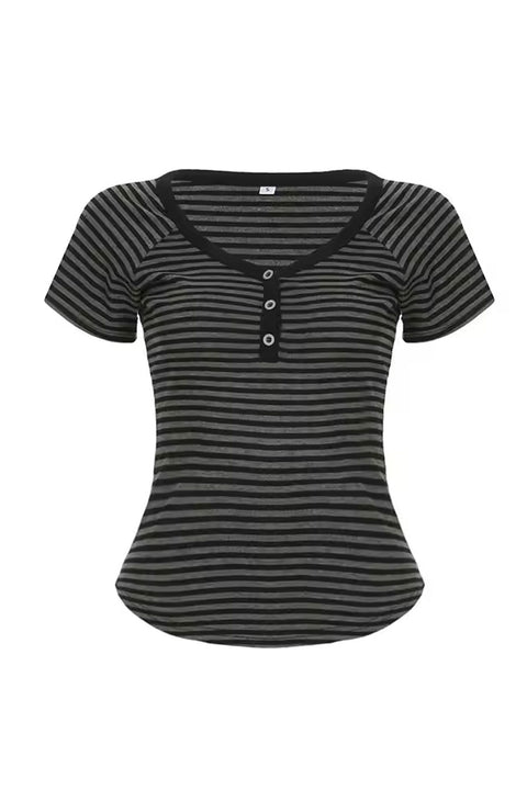 Y2K V-Neck Button-Front Raglan Striped Short Sleeve Shirt