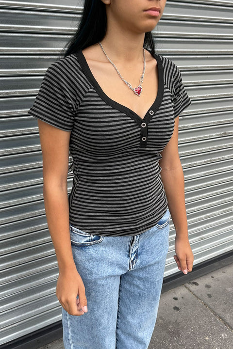 Y2K V-Neck Button-Front Raglan Striped Short Sleeve Shirt