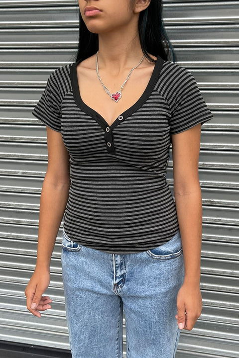 Y2K V-Neck Button-Front Raglan Striped Short Sleeve Shirt