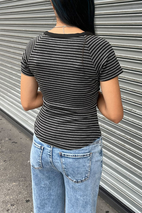 Y2K V-Neck Button-Front Raglan Striped Short Sleeve Shirt