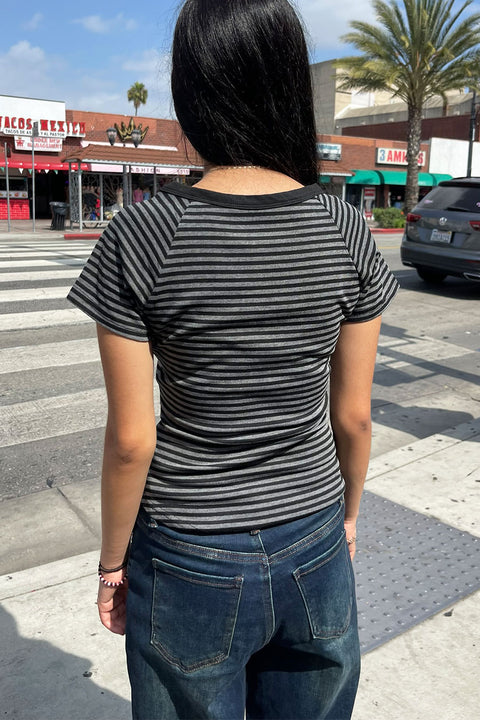 Y2K V-Neck Button-Front Raglan Striped Short Sleeve Shirt