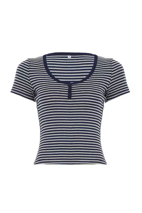 Y2K Button-Front Henley Neck Striped Short Sleeve Crop Shirt