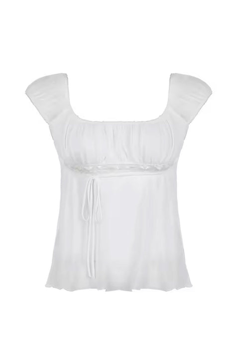 Y2K 2000s Puff Short Sleeve Milkmaid Top with Front Tie String