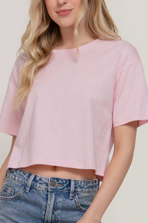 Basic Short Sleeve Oversize Crop Cotton Knit Tee
