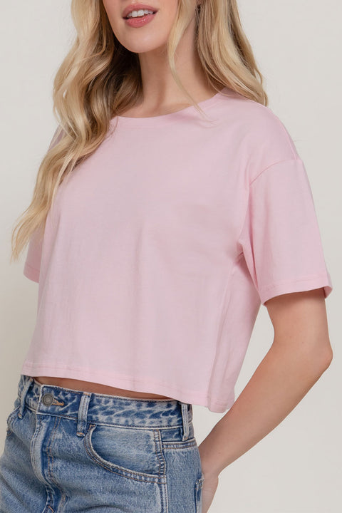 Basic Short Sleeve Oversize Crop Cotton Knit Tee