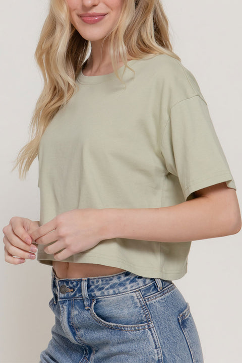 Basic Short Sleeve Oversize Crop Cotton Knit Tee