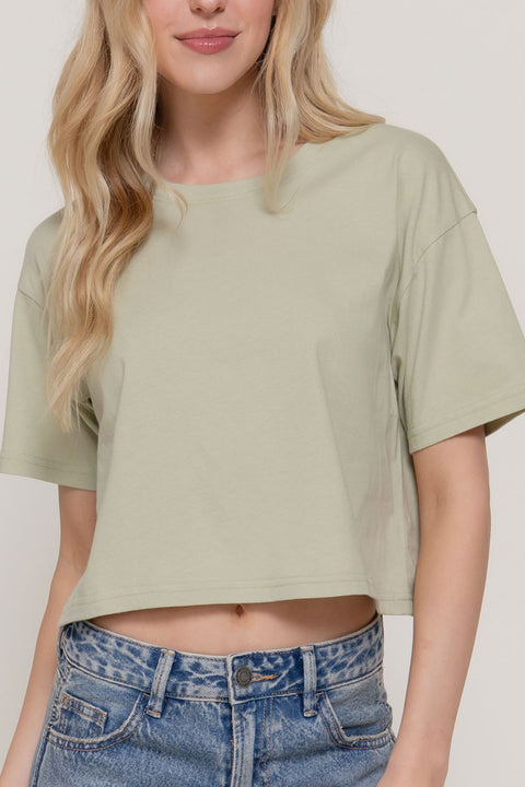 Basic Short Sleeve Oversize Crop Cotton Knit Tee