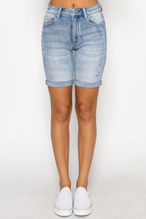 WAXJEAN Potassium Wash Distressed Roll Cuff Bermuda Shorts