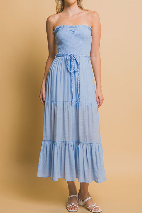Bohemian Smocked Strapless Tube Maxi Dress with Tassel Waist Tie
