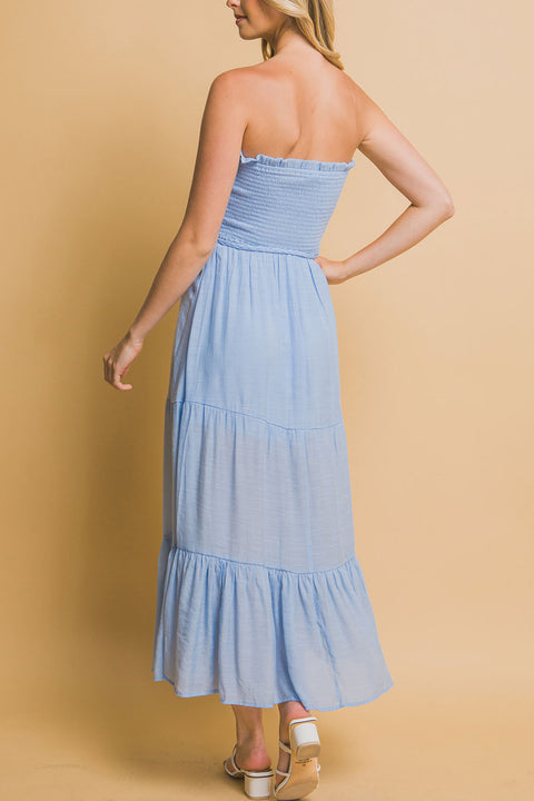 Bohemian Smocked Strapless Tube Maxi Dress with Tassel Waist Tie