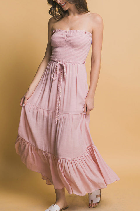 Bohemian Smocked Strapless Tube Maxi Dress with Tassel Waist Tie