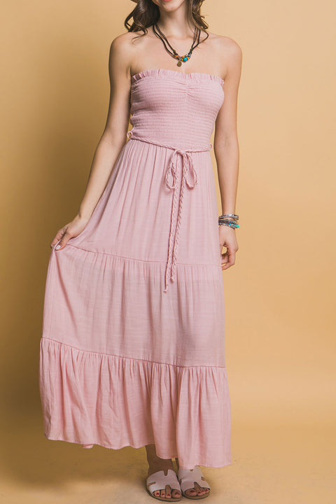 Bohemian Smocked Strapless Tube Maxi Dress with Tassel Waist Tie
