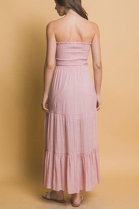 Bohemian Smocked Strapless Tube Maxi Dress with Tassel Waist Tie