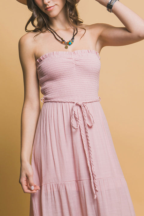 Bohemian Smocked Strapless Tube Maxi Dress with Tassel Waist Tie