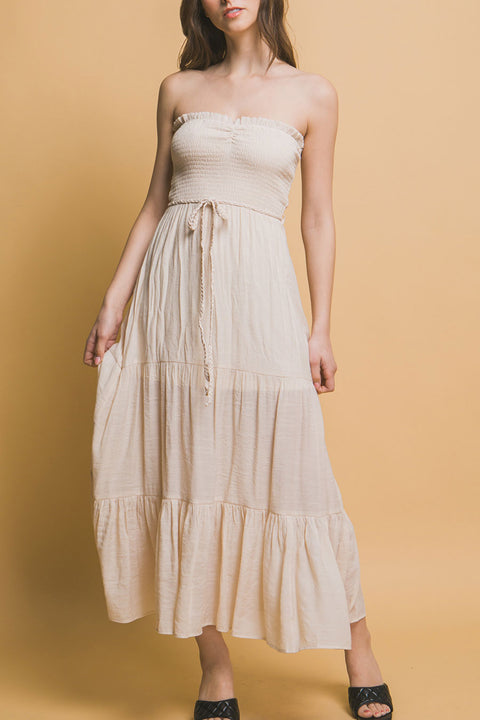 Bohemian Smocked Strapless Tube Maxi Dress with Tassel Waist Tie