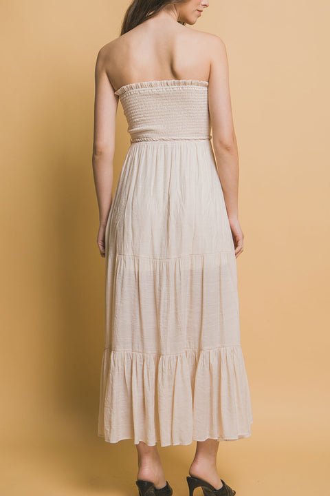 Bohemian Smocked Strapless Tube Maxi Dress with Tassel Waist Tie