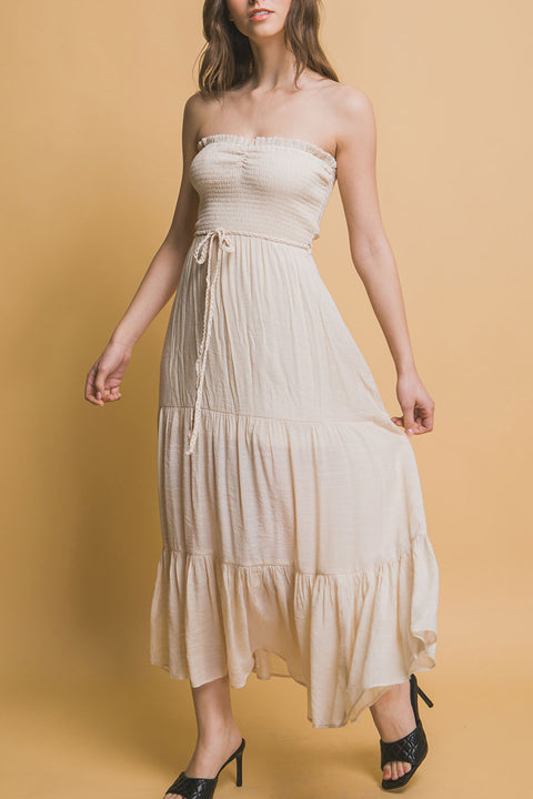 Bohemian Smocked Strapless Tube Maxi Dress with Tassel Waist Tie